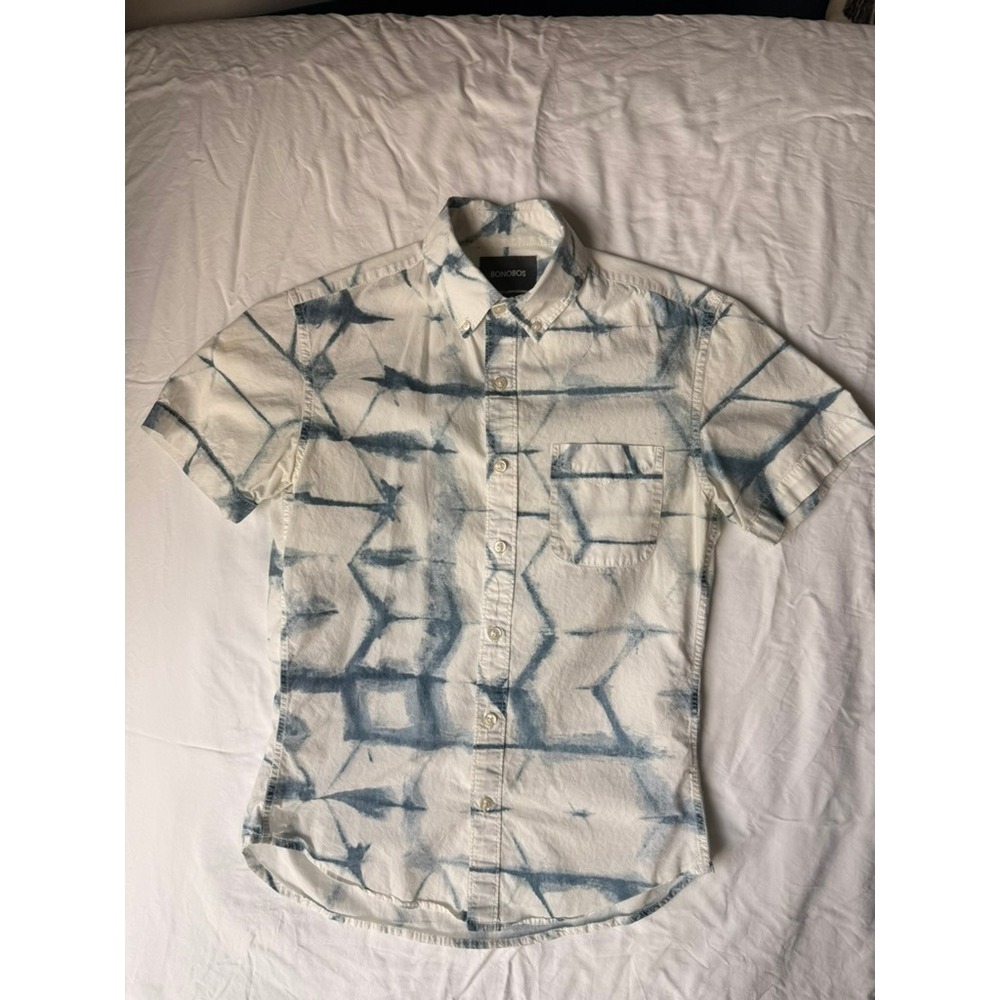 Bonobos Mens Slim Fit Short Sleeve Button Down Shirt Blue White Tie Dye XS
